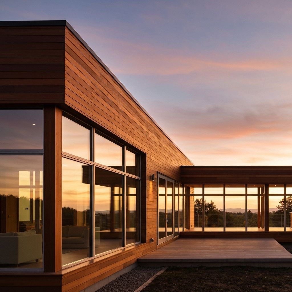 Modern home exterior showcasing clean lines and warm materials