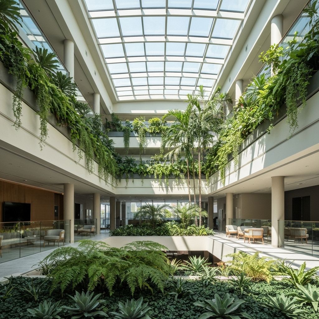 Indoor garden atrium with greenery and glass